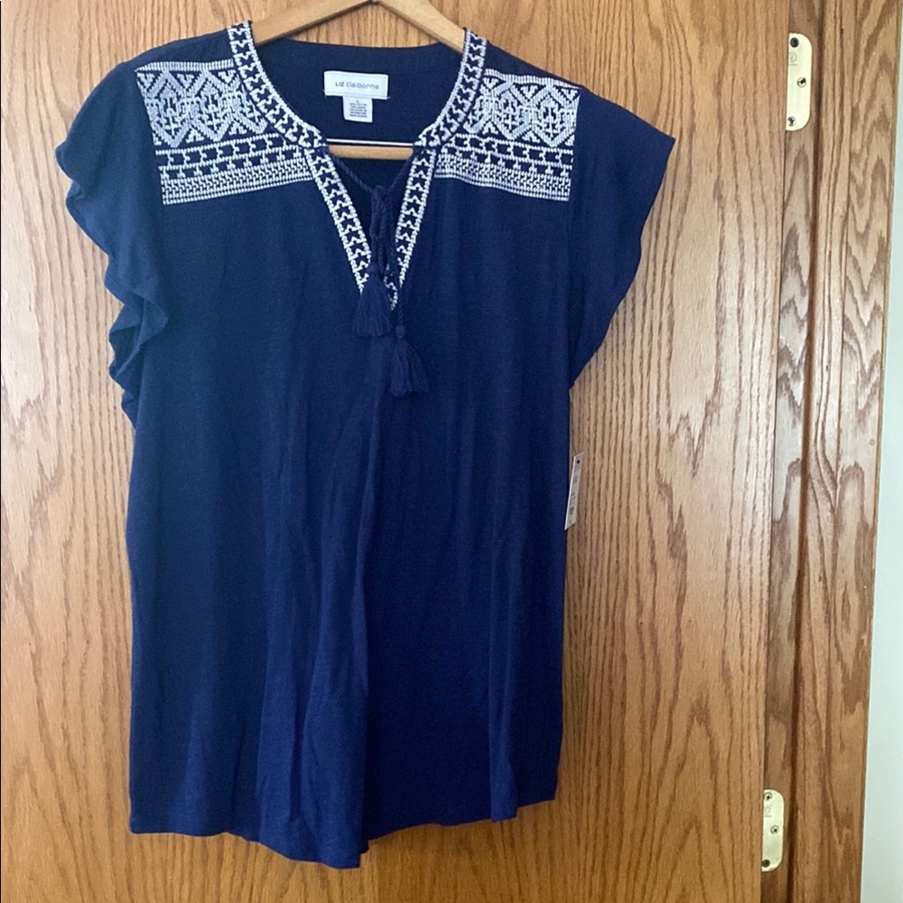 LOFT Blue Embellished Blouse with Mandarin Collar